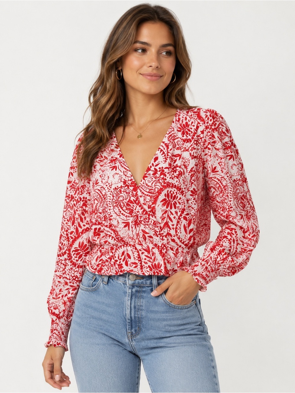 NWT Lucy Paris Red and White Wrap-Style Top, Size M
